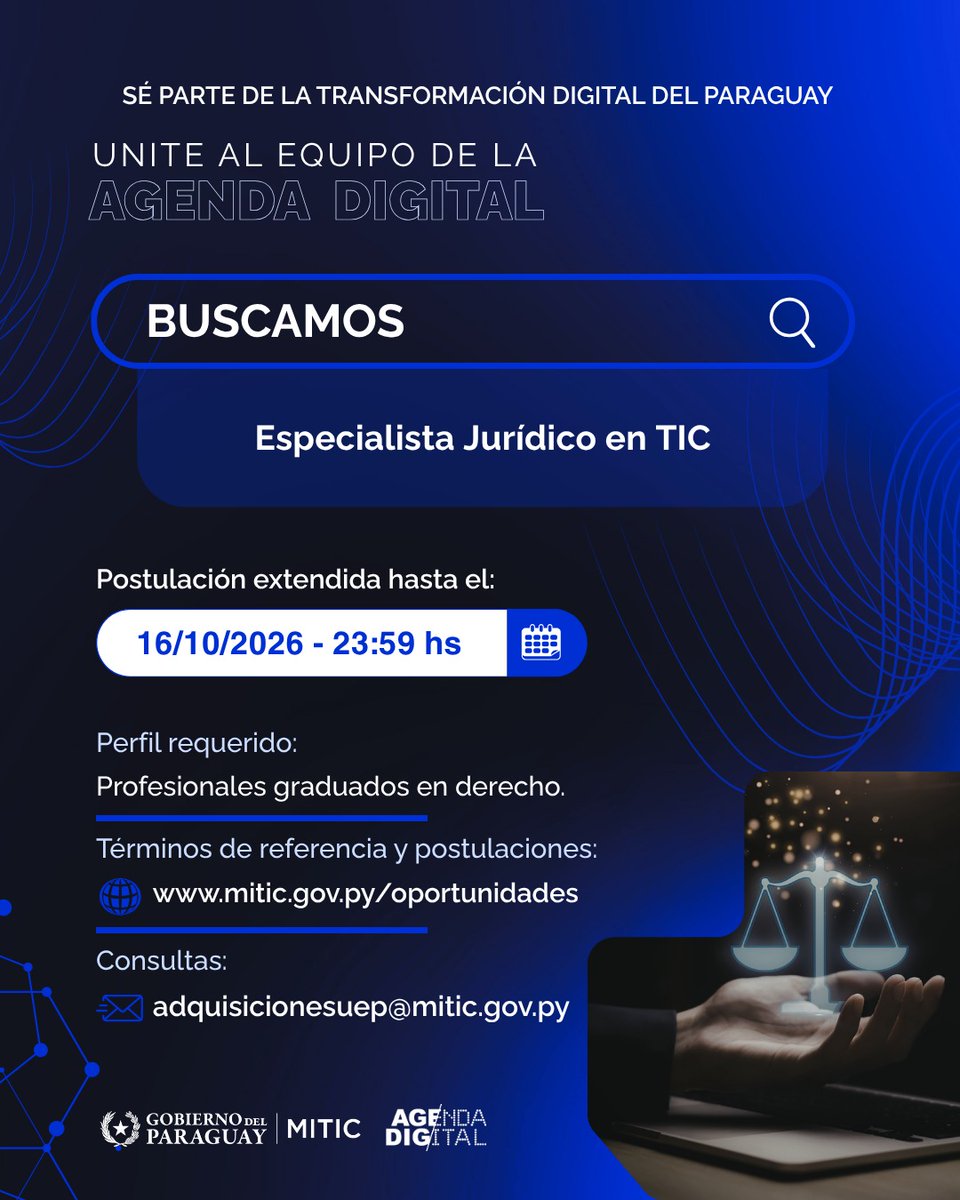 Miticpy's tweet photo. 📣 | ¡Sumate al equipo!

Buscamos 1 Especialista Jurídico en TIC.

🎯 Asesorar sobre la viabilidad jurídica, legislación y normativa de proyectos tecnológicos impulsados o acompañados por el MITIC.

🗓 Postulá hasta el 11/10: https://t.co/ursmpp7nDB

TDR: https://t.co/jEYpuFIDVN https://t.co/4dhlPgF19y