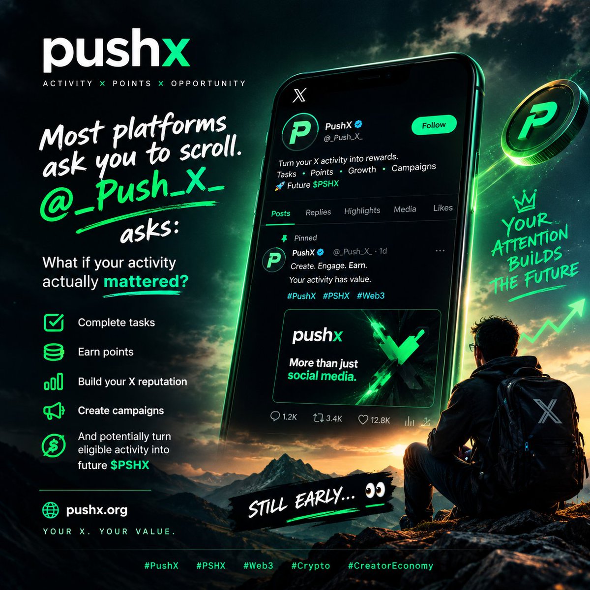 Retweeteram's tweet photo. Most platforms ask you to scroll.

@Push_X asks: what if your activity actually mattered? 👀

⚡ Complete tasks
⚡ Earn points
⚡ Build your reputation
⚡ Create &amp; engage

The interesting part? We’re still early. 🚀

#PushX #PSHX #Web3 #Crypto https://t.co/lhSmZpxbxu