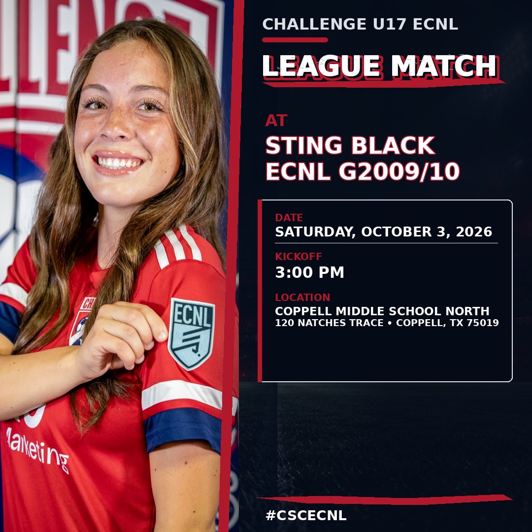 ChallengeU17NL's tweet photo. On the road to Dallas this weekend!
Challenge U17 ECNL is ready for two big matchups:
📍 Saturday at Sting Black
⏰ 3:00 PM | Coppell, Texas
📍 Sunday at DKSC
⏰ 1:00 PM | Plano, Texas
Locked in and ready to compete. ❤️💙
#CSCECNL #ChallengeSoccer #ECNL #ChallengeFamily https://t.co/ZNmx8Kpcrv