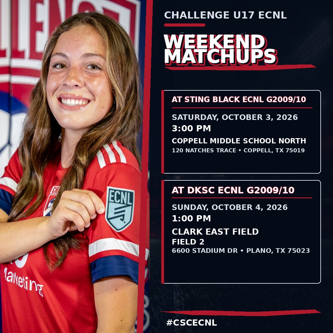 ChallengeU17NL's tweet photo. On the road to Dallas this weekend!
Challenge U17 ECNL is ready for two big matchups:
📍 Saturday at Sting Black
⏰ 3:00 PM | Coppell, Texas
📍 Sunday at DKSC
⏰ 1:00 PM | Plano, Texas
Locked in and ready to compete. ❤️💙
#CSCECNL #ChallengeSoccer #ECNL #ChallengeFamily https://t.co/ZNmx8Kpcrv