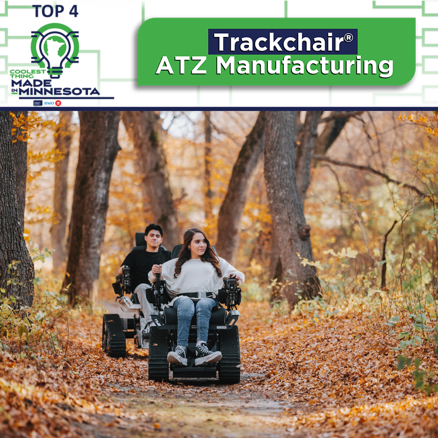 MN_Chamber's tweet photo. There’s still time to vote for the Coolest Thing Made in Minnesota at https://t.co/6LTWbPhG4S! Since we’re announcing the winner on Tuesday, October 6, we thought it’d be a good time to learn more about our four incredible finalists.

First up is the Trackchair from ATZ Manufacturing in Marshall.

This all-terrain wheelchair is designed to help people with mobility challenges experience the outdoors with greater freedom. Its patented track system allows it to navigate terrain that traditional wheelchairs simply can’t, including sand, mud, snow and even water.

With adjustable seating, intuitive joystick controls and a range of models and accessories, the Trackchair opens the door to new adventures and makes the great outdoors more accessible.