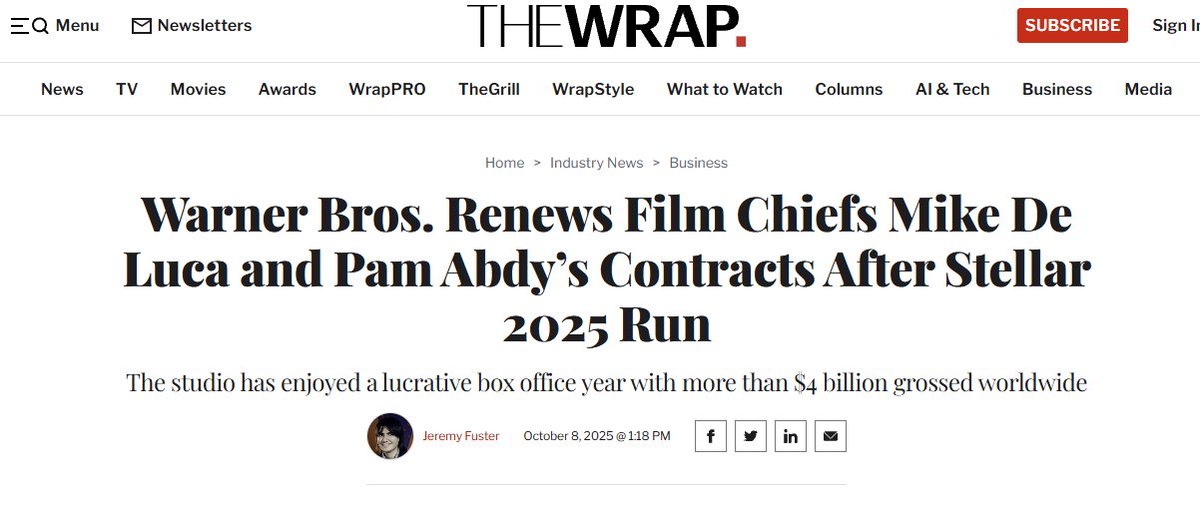 FabricioAlonso7's tweet photo. @MAttack45 @CultureCrave @THR lol, Michael De Luca and Pamela Abdy to Depart at Warner Bros. Following Paramount Close https://t.co/7U5We82iy6