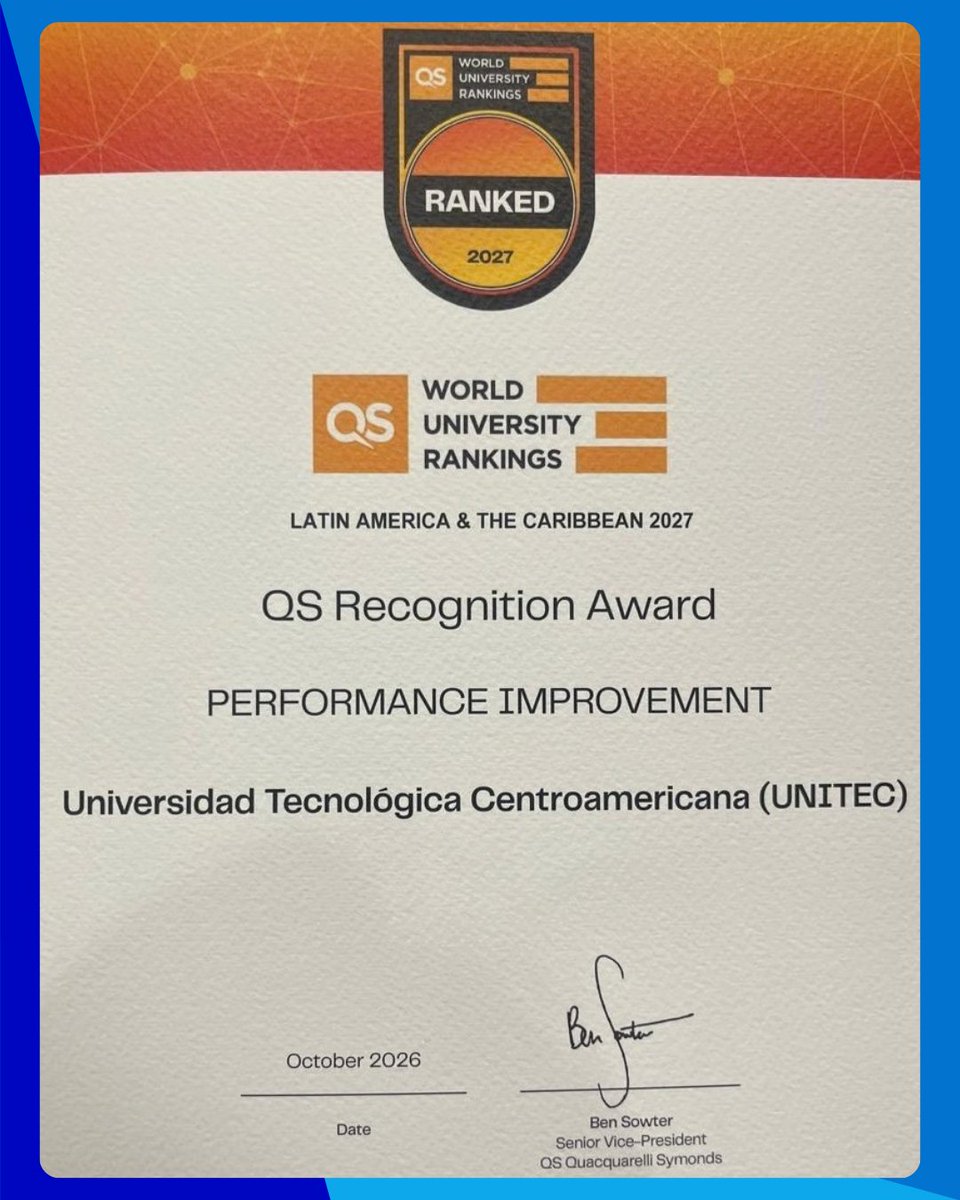 UNITEC_hn's tweet photo. 🏆 QS Quacquarelli Symonds reconoció a UNITEC con el QS Recognition Award – Performance Improvement, por nuestra mejora sostenida en el QS World University Rankings: Latin America & The Caribbean. 

En 2027, UNITEC alcanza el #29 de México y Centroamérica, con posiciones destacadas en Reputación de Empleadores (#80) y Relación profesores/estudiantes (#143). 

Seguimos avanzando. 💙 

#UNITEC #QSRankings