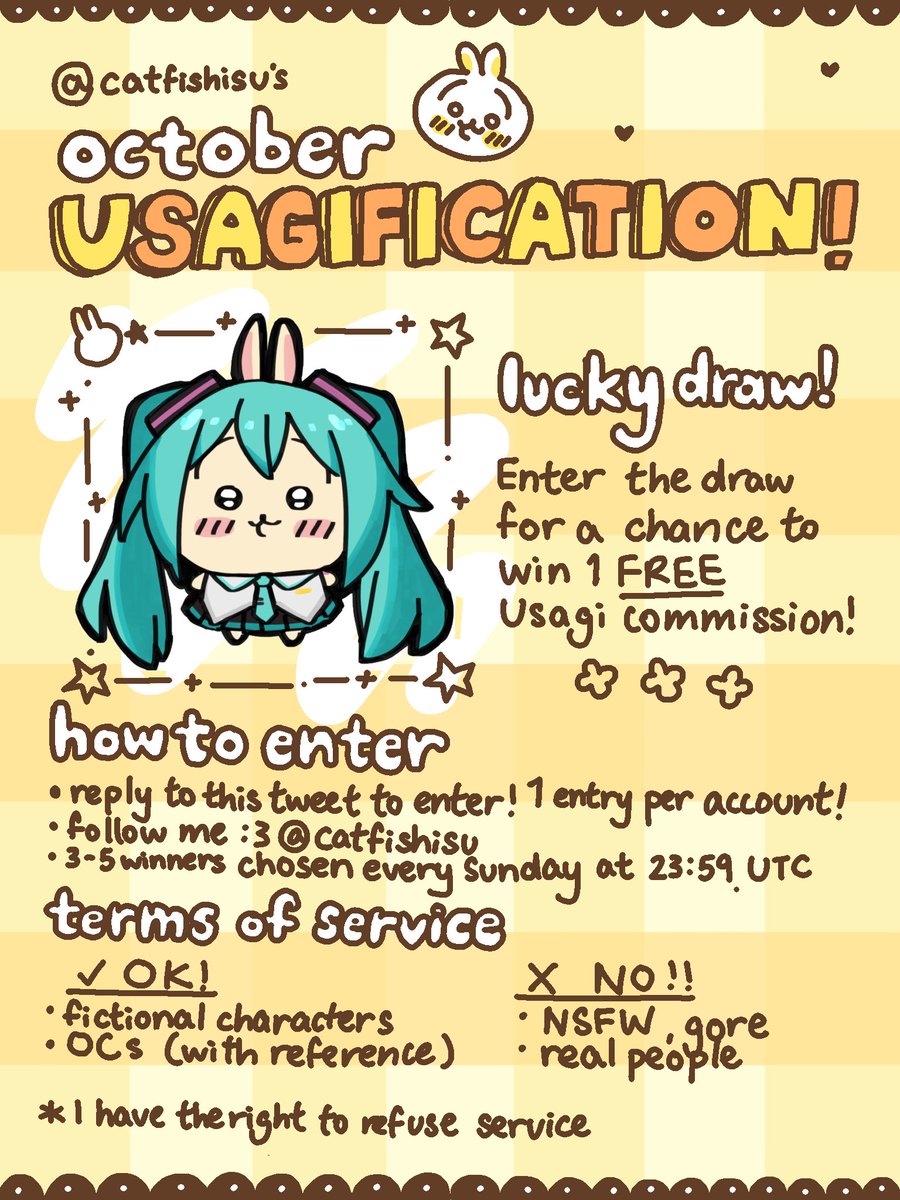 catfishisu's tweet photo. Hello fellow Usagi lovers!! In the spirit of Halloween, I will be opening up FREE Usagification commissions to 3-5 lucky winners every week of October! Respond to this tweet to enter!!! ⭐️⭐️⭐️

#ちいかわ https://t.co/FGNJX71JKM