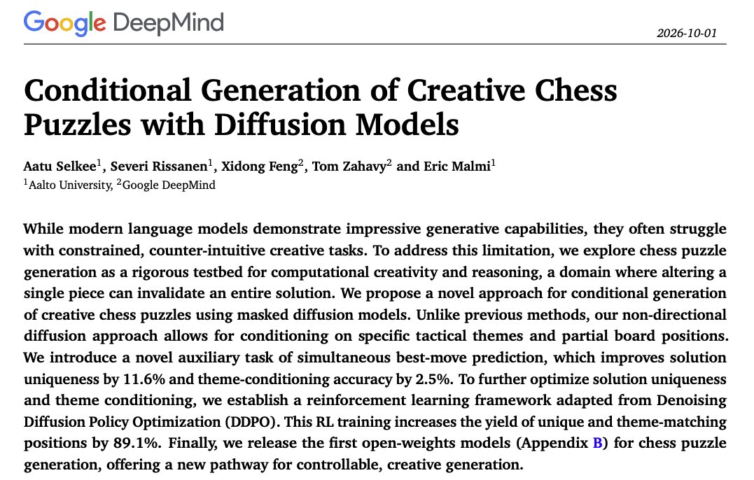 ericmalmi's tweet photo. 🚨 New preprint on creative chess puzzle generation with diffusion models is out! ♟️

In his exceptional MSc thesis, @AatuSelkee introduced a new RL recipe on top of a masked diffusion model improving the previous SOTA.

We're open-sourcing the model and releasing a demo 🚀

1/n https://t.co/92BJkuc4sp