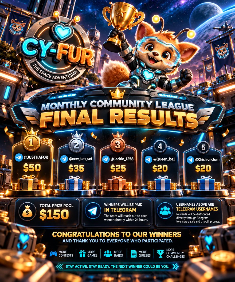 CyFurCoin's tweet photo. 🏆 CYFUR MONTHLY COMMUNITY LEAGUE — FINAL RESULTS

The leaderboard has been officially reviewed and locked.

Congratulations to our Top 5 winners:

🥇 @JUSTHAFOR — $50
🥈 @new_ten_sei — $35
🥉 @Jackie_1258 — $25
🏅 @Queen_be1 — $20
🏅 @Chichionchain — $20

💰 Total Prize Pool: $150

All the usernames above are Telegram usernames, and rewards will be distributed directly through Telegram.

The team will reach out to each winner directly within 24 hours to process their reward and help prevent impersonation or fraudulent claims.

Congratulations to all our winners, and thank you to everyone who participated throughout the league.

The league may be over, but CYFUR activities continue.

More contests, games, raids, quizzes and community challenges are coming this month.

Stay active. Stay ready. The next winner could be you. 

CYFUR keeps building.