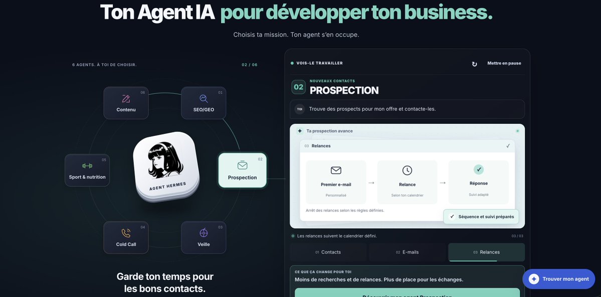 NaoxpAI's tweet photo. RDV le 12 octobre 🚀

6 agents Hermes développés pour vôtre business 👇

📞 Agent Cold Call
🎯 Agent Prospection
✍️ Agent Création de contenu
🔎 Agent SEO / GEO
👀 Agent Veille
🏋️ Agent Sport & Nutrition

🛠️ Besoin d’un agent Hermes sur mesure pour votre activité ? ce serra aussi possible 

🌐 Le site sera bientôt en ligne

Prochaines infos en début de semaine 🗓️

Des questions ? les DM sont ouverts 🫡