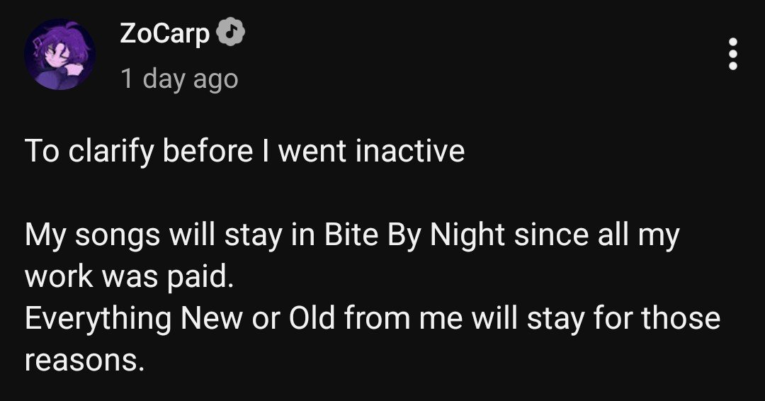 GenesisXBBNews1's tweet photo. Recently, ZoCarp Has Confirmed ALL Of His Tracks Will Be Staying In Bite By Night Due To It Being Paid For.
(NEW OR NOT)

He Was Also Asked If He Would Ever Come Back To Bite By Night, ZoCarp Responded With: 

"Hopefully one day if they actually let me."

(REPLIES) https://t.co/AJT0vH2d6o