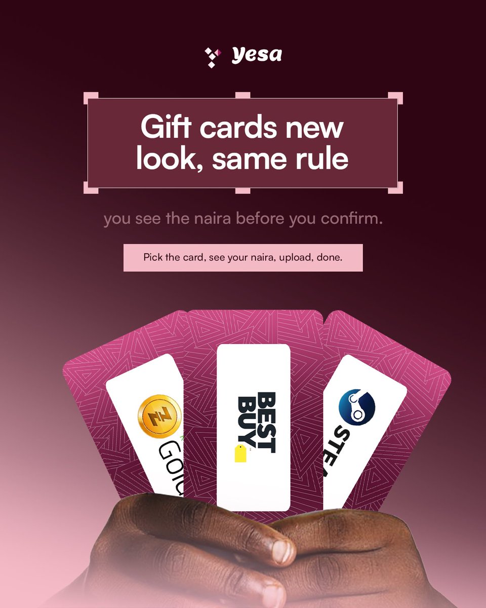 yesaapp's tweet photo. New look, same smooth experience. 💳✨

Pick your gift card, see your naira before you confirm, upload, and you’re done. No guesswork, just seamless trading with Yesa. 💗

#Yesa #GiftCards https://t.co/uFPoAvqTpY