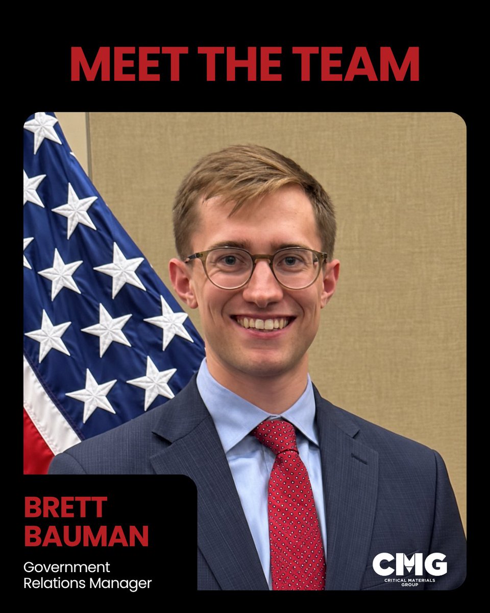 critmatgroup's tweet photo. Meet Brett Bauman, our Government Relations Manager.

Prior to joining Critical Materials Group, Brett was a Legislative Assistant to Sen. John Cornyn of Texas, where he directed the Senator’s defense, foreign relations, and veterans affairs policy portfolio. His experience will play a crucial role in helping us build our government relations infrastructure and deepen our engagement with the legislative and policy environment that shapes the defense tech industry.

If you're interested in joining our team, check out our open positions. https://t.co/ep5CyhxpLd