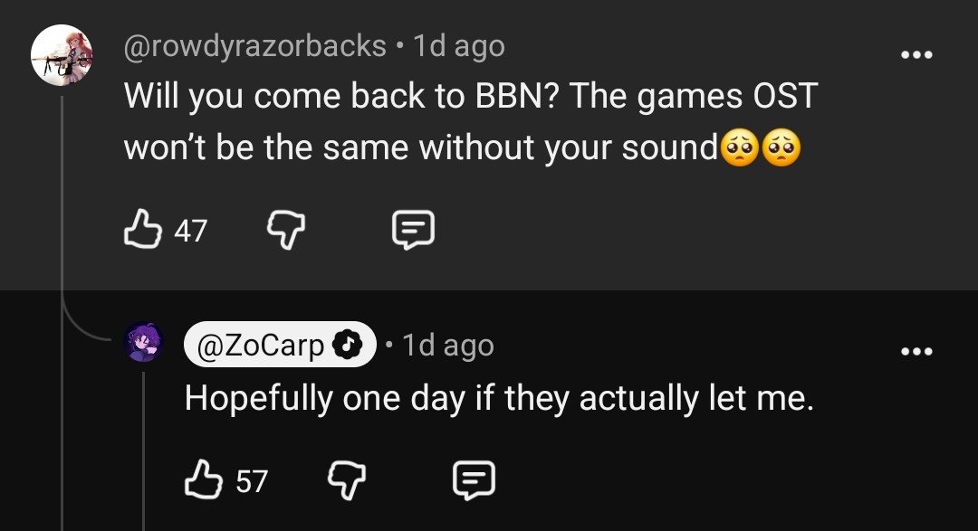 GenesisXBBNews1's tweet photo. Recently, ZoCarp Has Confirmed ALL Of His Tracks Will Be Staying In Bite By Night Due To It Being Paid For.
(NEW OR NOT)

He Was Also Asked If He Would Ever Come Back To Bite By Night, ZoCarp Responded With: 

"Hopefully one day if they actually let me."

(REPLIES) https://t.co/AJT0vH2d6o