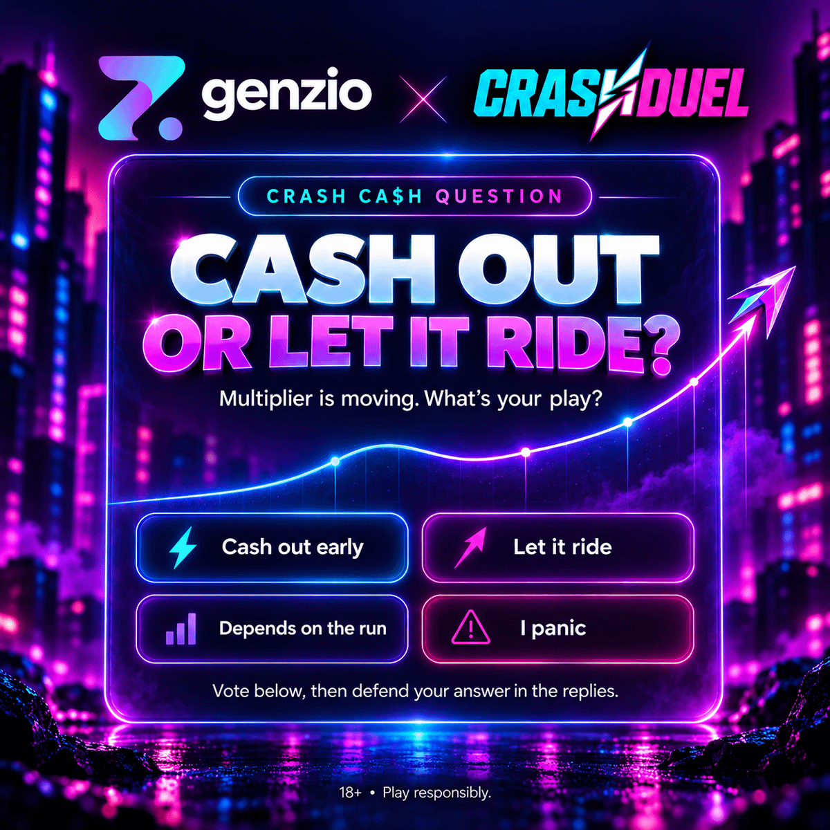 Genzio's tweet photo. Crash Ca$h question of the day:

Multiplier is moving. Do you cash out early or let it ride?

Vote &amp; defend your answer in the replies 🫣

Start playing on @CrashDuel 👉 https://t.co/RXXhjN9x3K

18+. Play responsibly. https://t.co/DKsfbu9BSu