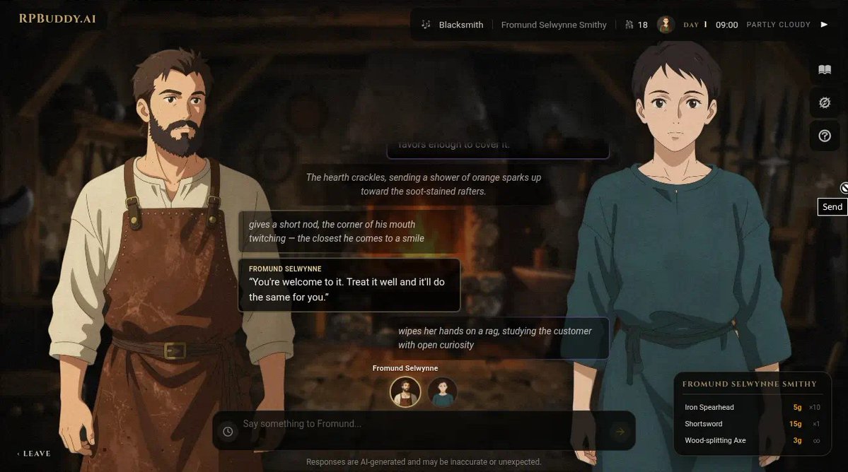 RPBuddyAI's tweet photo. Visual novel chat with NPCs who keep a shop running while you talk.

Free to play on https://t.co/sRv3yuWall.

#airoleplay #airpg #aiart https://t.co/WlurOuD9FO