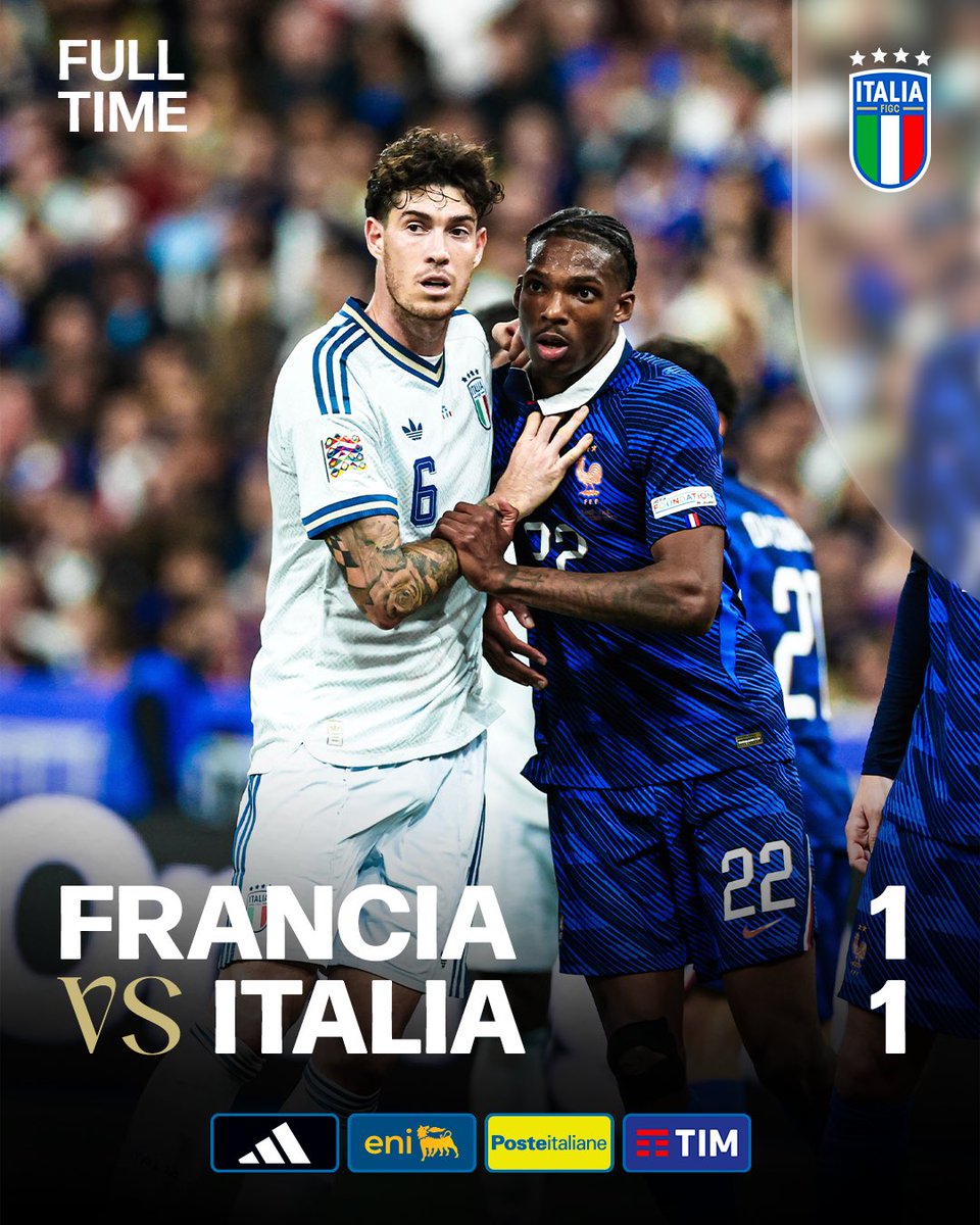 Azzurri's tweet photo. ⏱️ 𝐑𝐈𝐒𝐔𝐋𝐓𝐀𝐓𝐎 𝐅𝐈𝐍𝐀𝐋𝐄

🇫🇷🇮🇹 #FranciaItalia 1️⃣-1️⃣
55’ Olise; 68’ #Bastoni

#NationsLeague
#Nazionale #Azzurri #VivoAzzurro https://t.co/dTBLNRsmE0