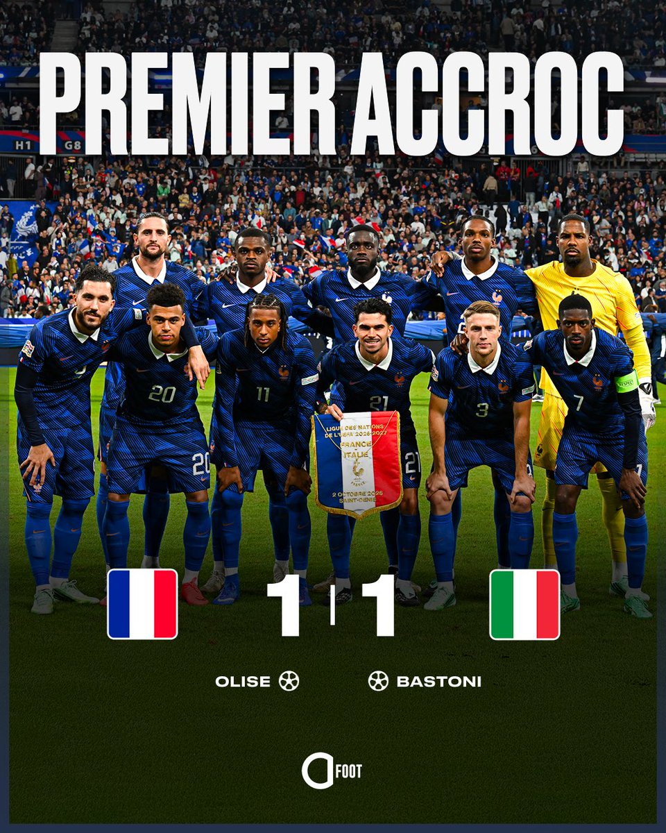 ActuFoot_'s tweet photo. 🚨🚨 LA FRANCE 🇫🇷 EST ACCROCHÉE POUR LA PREMIÈRE FOIS SOUS ZIDANE ET C’EST FACE À L’ITALIE 🇮🇹 !!!!! 😕

MATCH NUL 1-1 !!!! 🤝

Prochain rendez-vous lundi au Stade de France face à la Belgique 🇧🇪 pour garder notre première place. 🗓️ https://t.co/rn2muxPyOJ