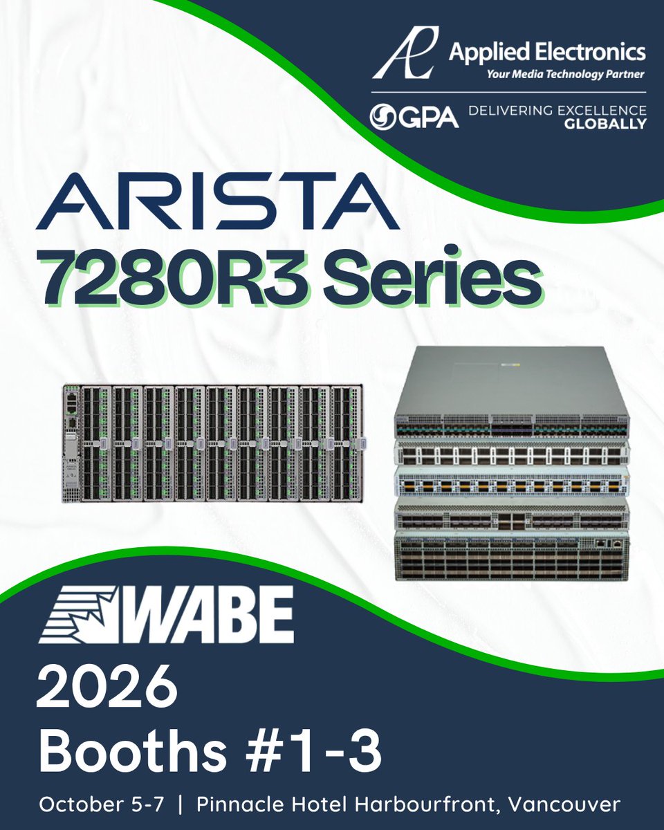 Applied_tweets's tweet photo. 🌐 Built for demanding networks. Meet Arista at WABE 2026.
#WABE2026 #Arista #7280R3 #Networking #Broadcast #MediaProduction #DataCenter #ProAV #AppliedElectronics https://t.co/bfYa9MJH54