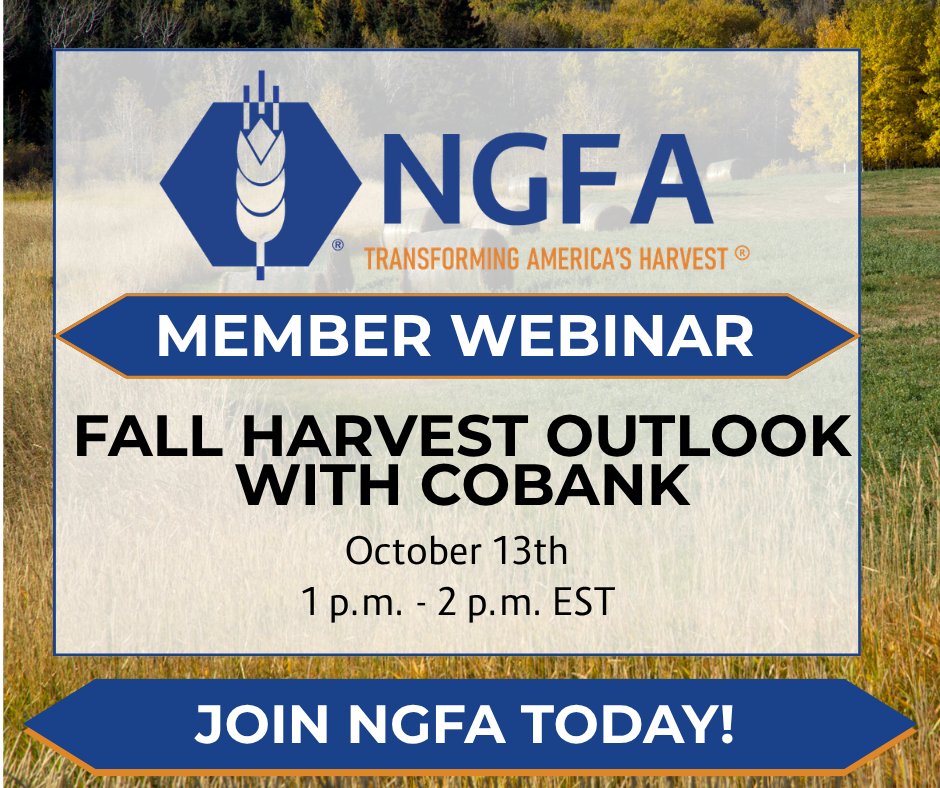 NGFA's tweet photo. Fall harvest is underway. Join CoBank economists for insights on crop yields, trade, logistics and biofuels. This member webinar is just one NGFA benefit. Join today! https://t.co/tag8IyFmQ1