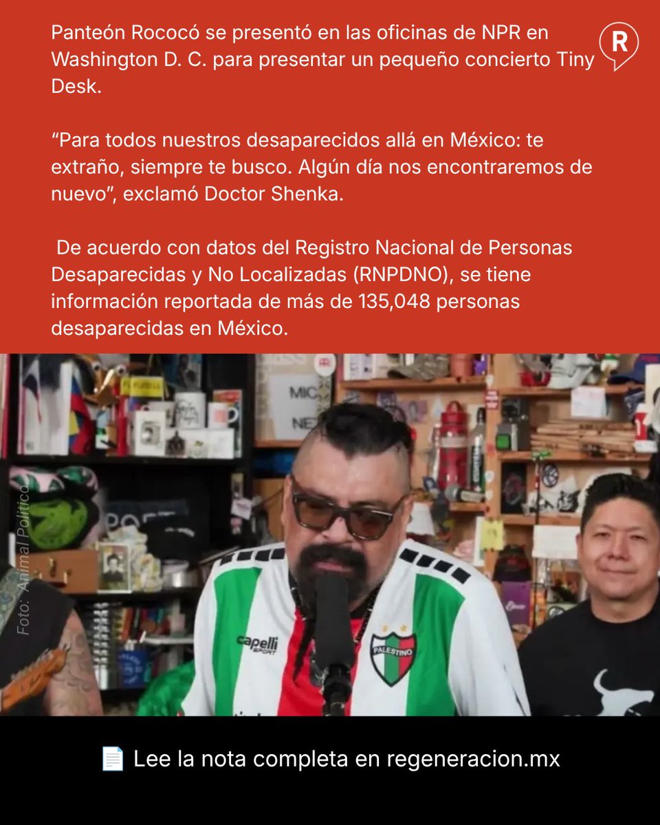 RegeneracionMx's tweet photo. @RococoTweets se presentó en Washington D.C. dando un concierto de Tiny Desk. Durante la transmisión, el vocalista Doctor Shenka, hizo un llamado para visibilizar las desapariciones en México y mostrar su apoyo hacia Palestina.

Lee la nota completa en: https://t.co/wY27PcHNtD

#Palestina #TinyDesk #Desapariciones #México #PanteónRococó