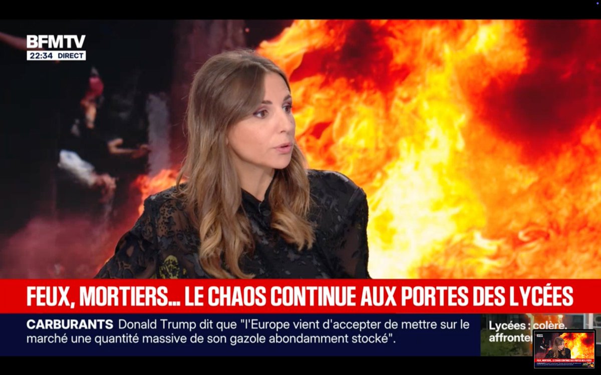 LouisWitter's tweet photo. Ce fond d'écran BFM est totalement dénoncé par Nathalie Arthaud à peine invitée : "vous l'avez gardé toute la journée pour faire croire qu'il y a une guerre civile, pour essayer de cacher une mobilisation massive des lycéens qui a des raisons légitimes". https://t.co/OcTvzSkOSM