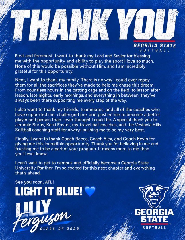 ArmorEliteLynch's tweet photo. Congratulations to our @lillyferg23 on committing to Georgia State University to pursue her academic and athletic dreams!
Bleed Blue, Lilly! ๐พ State is getting a good one.
Next stop: Atlanta! ๐๏ธ Up, Up, Panthers! ๐
#GeorgiaState #GSU #NextChapter #Committed
@ArmorEliteFP @armoreliteoneal @CoachBrittAE @BSherSB