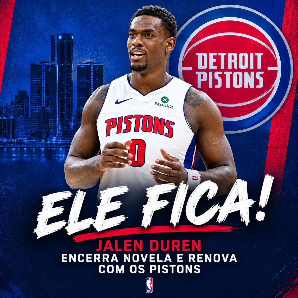 InsidetheLigas's tweet photo. ELE FICA! JALEN DUREN ENCERRA NOVELA E RENOVA COM OS PISTONS

O Pivô Jalen Duren chegou a um acordo com o Detroit Pistons para uma extensão contratual de cinco anos e US$ 200 milhões, totalmente garantidos. O acerto aconteceu no limite do prazo final para uma decisão.

Caso não assinasse o acordo a longo prazo até o dia 1º de outubro, Duren teria que aceitar uma oferta qualificatória de apenas US$ 9,6 milhões por um ano, tornando-se agente livre irrestrito ao fim da temporada.

O desfecho encerra um longo impasse nas negociações que durou quatro meses. Por conta das divergências de valores, o atleta chegou a desfalcar a equipe no "Media Day" e nos primeiros dias de treinamentos da pré-temporada.

Duren era elegível para uma extensão máxima de até US$ 287 milhões após ser eleito All-Star e integrar o terceiro time All-NBA na temporada anterior. Diante do interesse inicial da franquia em propor valores menores, na casa de US$ 170 a US$ 190 milhões, o Pivô recusou as ofertas buscando um montante maior.

Outro obstáculo superado na reta final foi a remoção de uma polêmica cláusula de peso físico estipulada em contratos anteriores oferecidos pelos Pistons, que incomodava o estafe do jogador.

Com a renovação de Jalen Duren e a recente extensão de Ausar Thompson, a diretoria do Detroit Pistons consegue assegurar a manutenção de sua jovem base titular, liderada também pelo astro Cade Cunningham, garantindo contratos longos até pelo menos o término da temporada de 2029-30.