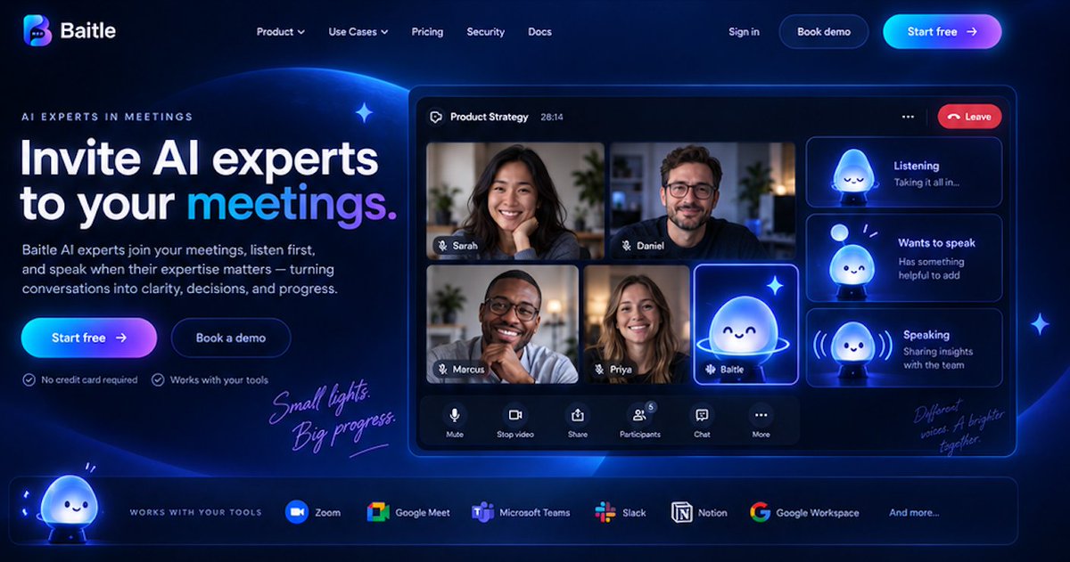 BaitleNet's tweet photo. At Baitle, we believe the best outcomes come from people and AI agents working together as one hybrid team.
Invite a Baitle AI agent into your Teams meeting and bring specialist knowledge into the conversation exactly when it matters.
https://t.co/vdksIoZwhm https://t.co/uigbRPwkqO