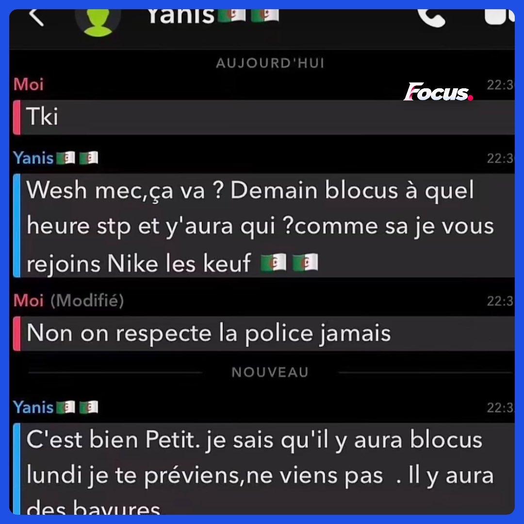 FocusMedia_Fr's tweet photo. 🇫🇷 🤳 INFO — « IL Y AURA DES BAVURES » : UN POLICIER INFILTRÉ SUR SNAPCHAT PRÉVIENT UN JEUNE

Se faisant passer pour un étudiant afin d’obtenir des informations sur un prochain blocus, un policier prévient : « Ne viens pas. Il y aura des bavures. » https://t.co/6OnFFKpe6y