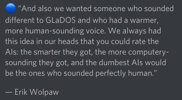 FactsABPortal's tweet photo. Fact 97:The reason Wheatley’s voice isn’t synthesized like the others is because the writers believed that the dumbest A.I.’s should sound the most human. https://t.co/03ALqqRKZe