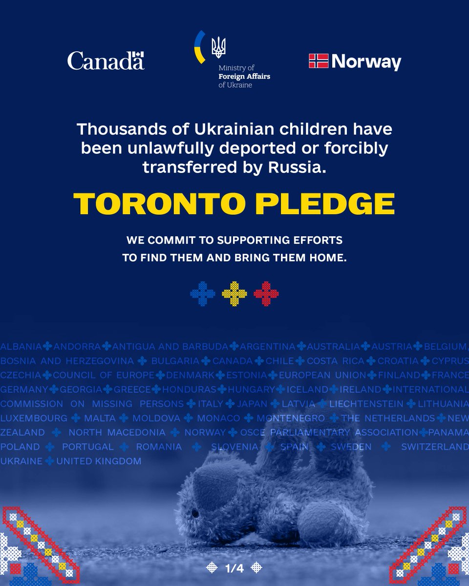 CanadaFP's tweet photo. This week, 54 states endorsed the Toronto Pledge to help locate Ukrainian children unlawfully deported or forcibly transferred by Russia, bring them home and reunite them with their families.

Learn more: https://t.co/qZNzsm7sQ4

#BringKidsBack https://t.co/3Df188qy7E