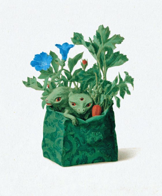 Two red-eyed green lizards peek out from a verdant floral-patterned bag filled with lush foliage, blue flowers, and a carrot, perfectly matching the whimsical "Bag of the Verdant Twins" artwork by @AnnasXechoes.