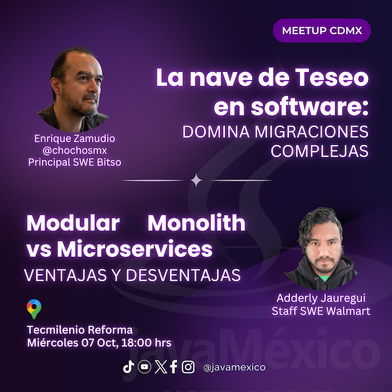 javamexico's tweet photo. 🚀 ¡Regresamos con meetup este miércoles 7 de octubre en CDMX!

Doble charla: Enrique Zamudio y Adderly Jáuregui nos hablarán de migraciones complejas y de arquitectura Modular Monolith vs Microservices

🗓️ Registro: https://t.co/yOEwIjOrYG

🚨 Meetup gratuito, cupo limitado. https://t.co/hyHuxtX9cx