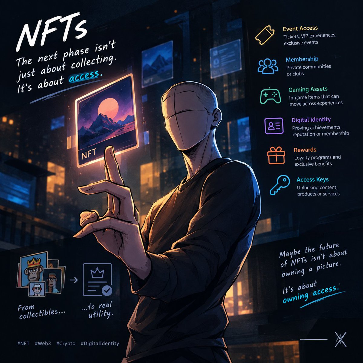 Grand_father007's tweet photo. The next phase of NFTs might not look like NFTs. 🧩

NFTs started mainly as digital collectibles, but the technology can represent something much more useful: access and ownership.

An NFT can act as:

• 🎟️ Event access — tickets, VIP experiences and exclusive events
• 👥 Membership — private communities or clubs
• 🎮 Gaming assets — items that can potentially move between experiences
• 🪪 Digital identity — proving membership, achievements or reputation
• 🎁 Rewards — loyalty programs and exclusive benefits
• 🔑 Access keys — unlocking content, products or services

The interesting part is that users don't necessarily need to care that something is an NFT.

They just need to know:

“I own this → therefore I can access this.”

That could make NFTs less about profile pictures and speculation, and more about the infrastructure behind digital ownership.🎴

Maybe the future of NFTs isn't about owning a picture, It's about owning access.

#NFT #Web3 #Crypto #DigitalIdentity