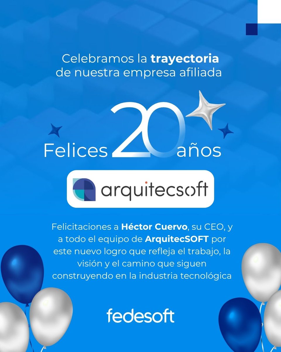 FedesoftCol's tweet photo. 🎉¡Felices 20 años @ArquitecSOFT_!

Desde @FedesoftCol felicitamos a Hector Cuervo, su CEO, y a todo su equipo, por alcanzar este importante hito, reflejo del compromiso y la dedicación con los que han hecho crecer la compañía. 🚀 https://t.co/5U1S9sBRJh