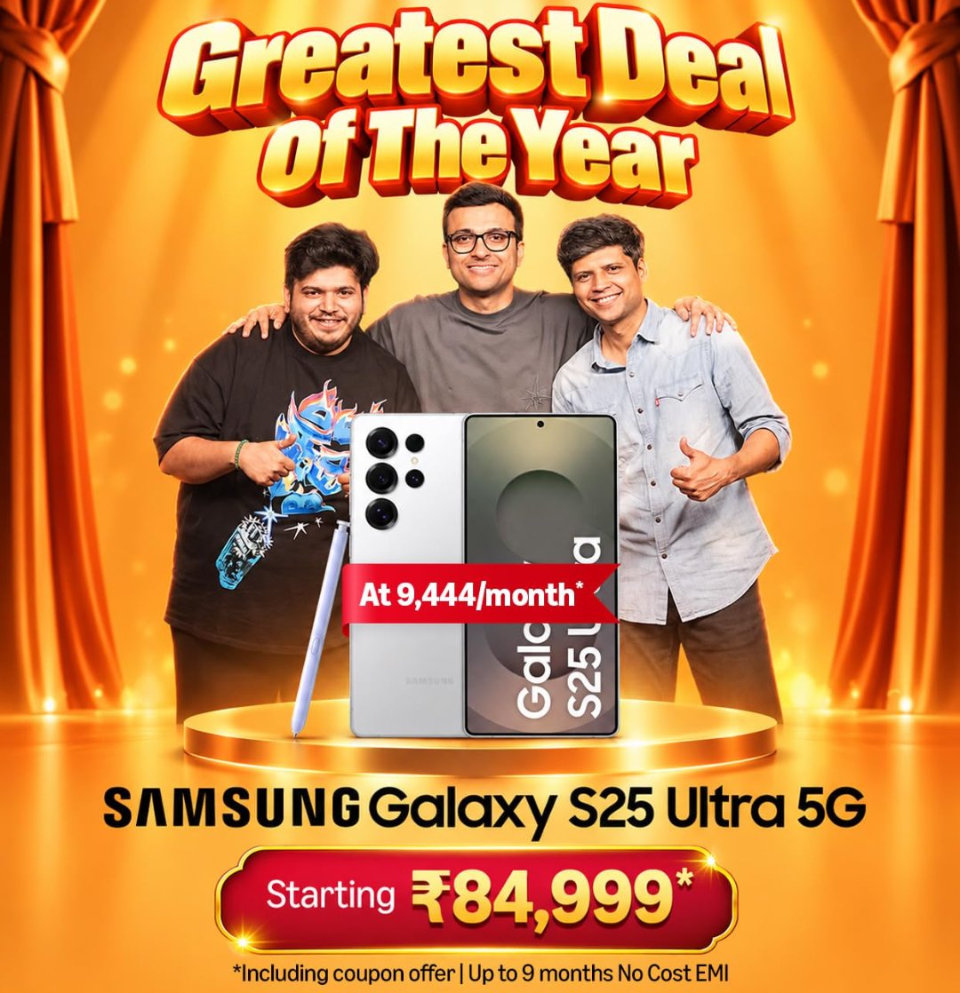 TelecomTalk's tweet photo. Amazon Greatest of the Year Sale Reveals: Samsung Galaxy S25 Ultra 5G Phone to Hit All-Time Low Price at Rs 84,999
- You will also get a coupon offer with up to 9 months of No-Cost EMI as well.
#Samsung #Amazon #AmazonGIF #GIFSale #GreatestDealoftheyear #AmazonGreatestDealoftheyear #AmazonIndia #GalaxyS25Ultra #SamsungGalaxyS25UltraDeals