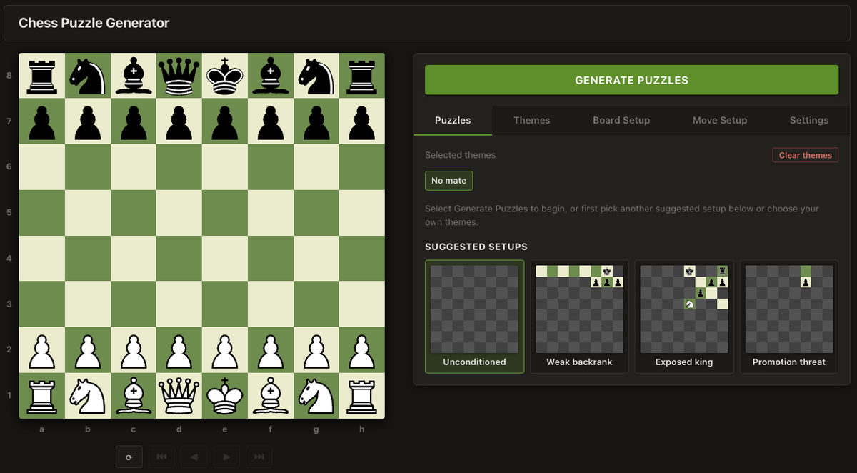 ericmalmi's tweet photo. @AatuSelkee Diffusion models allow us to naturally condition the generation of the puzzles with a partial board, best move, and themes.

Try out our demo at: https://t.co/aQVMPMDd61

4/n https://t.co/19sOUXqEdb