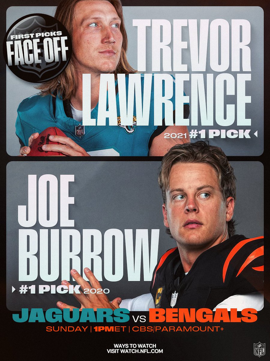 A first pick face off you don't want to miss 😮‍💨

@​JAXvsCIN – Sunday 1:00pm ET on CBS/Paramount+
Stream on @​NFLPlus 
 [📷](https://pbs.twimg.com/media/HTpzJ