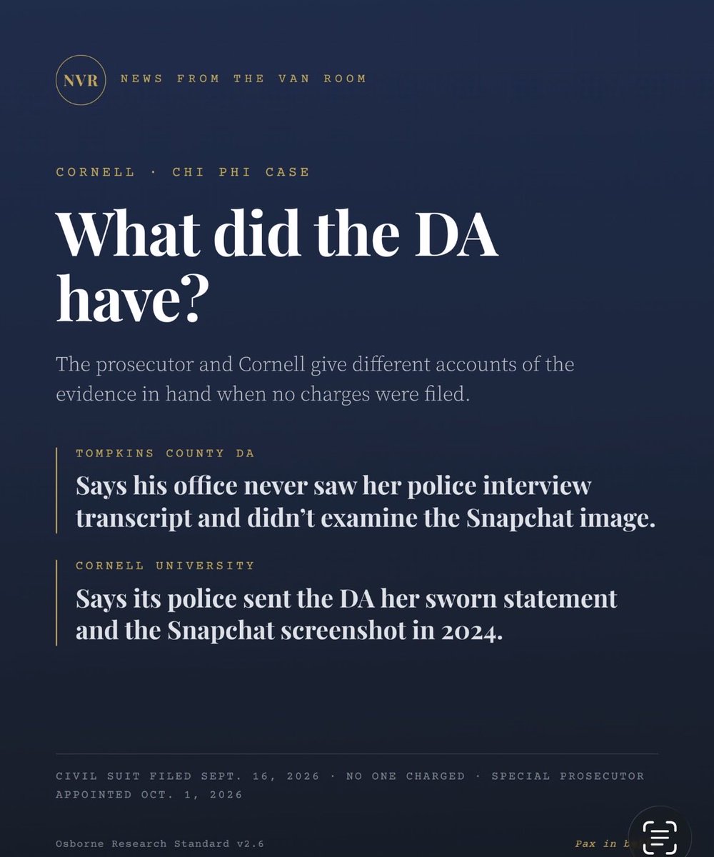 NVRTips's tweet photo. Cornell says its police sent prosecutors the Snapchat screenshot. The DA says his office never examined it, and never saw her police interview transcript.

Full story: https://t.co/CHiPiEIHpG

#Cornell https://t.co/bfjC1f2RL7