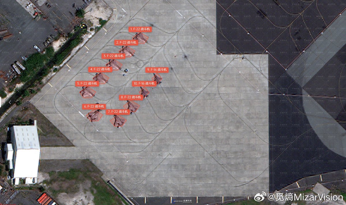 tangonoonep50's tweet photo. China is closely watching Taiwan's moves

Satellite images show two U.S.-supplied F-16s for Taiwan next to eight F-22s before takeoff. https://t.co/zv0KUtEYH0