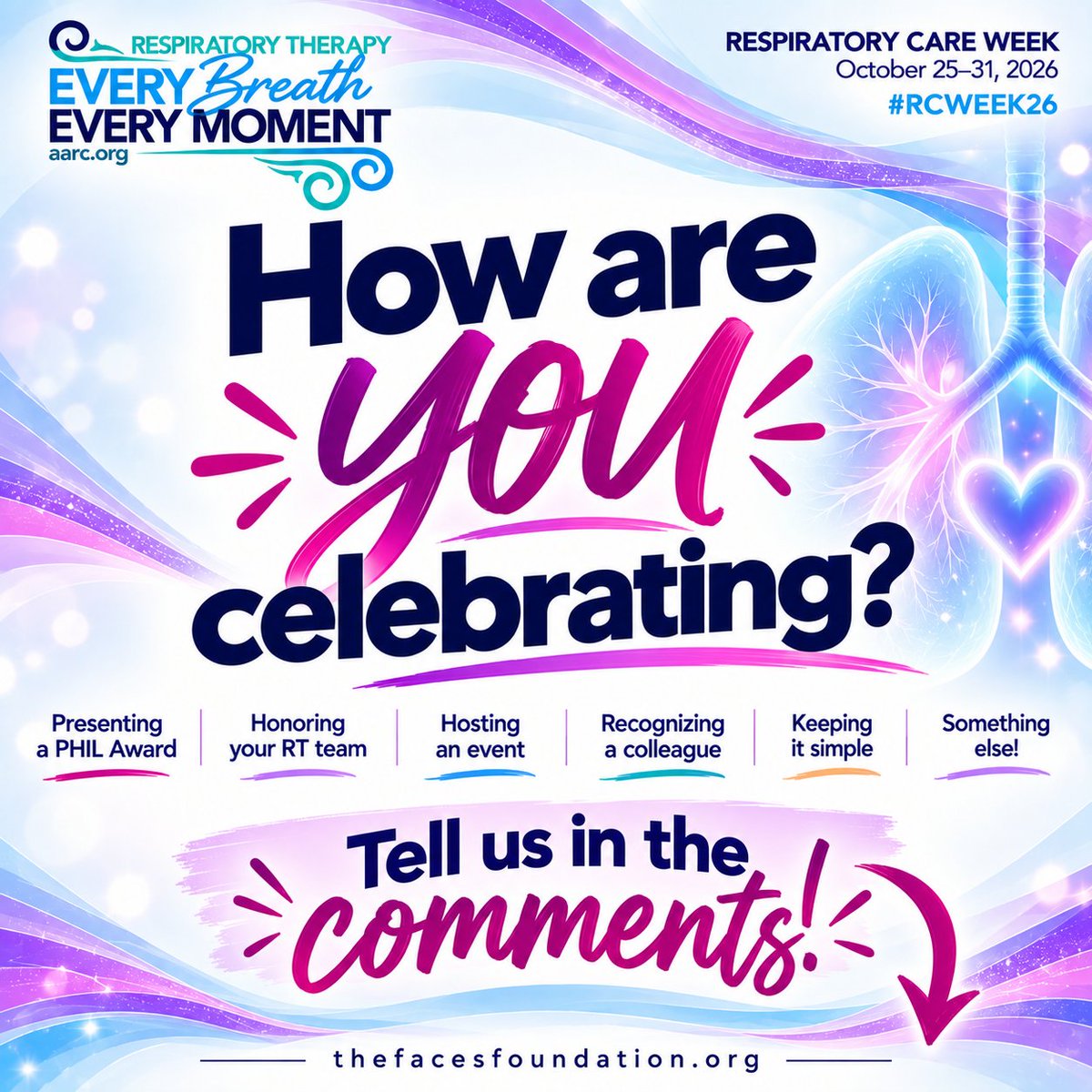 TheFACESFound's tweet photo. 🫁 How are YOU celebrating Respiratory Care Week?
We want to hear from the respiratory care community! Tell us in the comments.
#RCWeek26 #RespiratoryCare #FACES20 @aarc_tweets https://t.co/qlTufljLFd