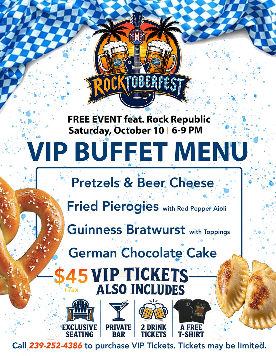 PCSCNaples's tweet photo. 🍻 Upgrade your RocktoberFest experience before it’s too late! 🍻

For just $45 + tax, VIP Tickets include exclusive seating, a private bar, 2 drink tickets, a free T-shirt + a prize raffle ticket, AND a delicious VIP buffet!

🎟️ Call 239-252-4386 to purchase VIP Tickets. https://t.co/QUlZ05cwqy