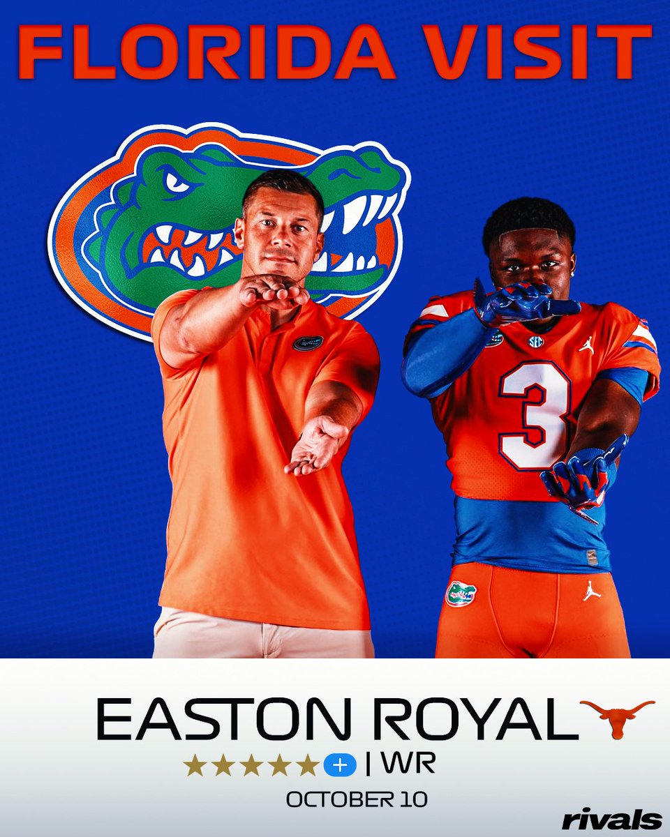 Rivals's tweet photo. 🚨NEWS🚨 Texas Five-Star Plus+ WR commit Easton Royal will visit Florida again on Oct. 10, @samspiegs reports🐊

Details: https://t.co/DaM4UEQ7qA https://t.co/DSqzKvGWmX