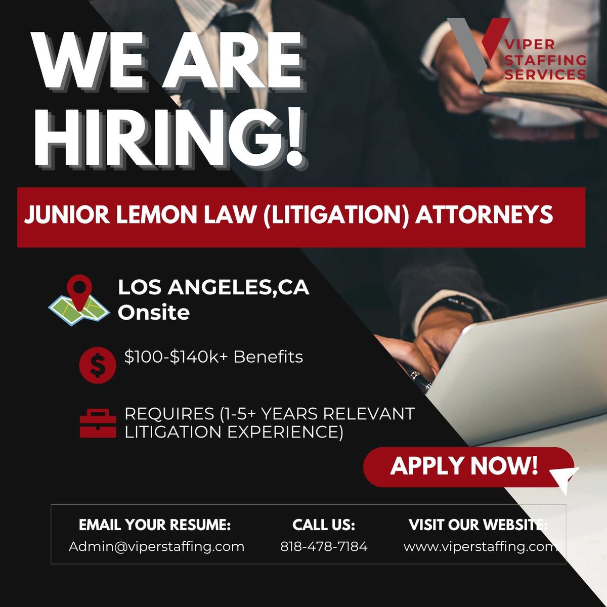 ViperStaffing's tweet photo. Hiring: Entry-Level Lemon Law Attorneys
Los Angeles, CA | Onsite
$100K–$140K+ | Benefits
1–5+ years of relevant litigation experience required.
Apply today: admin@viperstaffing.com
818-478-7184 | https://t.co/VbIIps2nff
#Hiring #LemonLaw #LegalJobs #LosAngelesJobs https://t.co/uVeDNRUYXW
