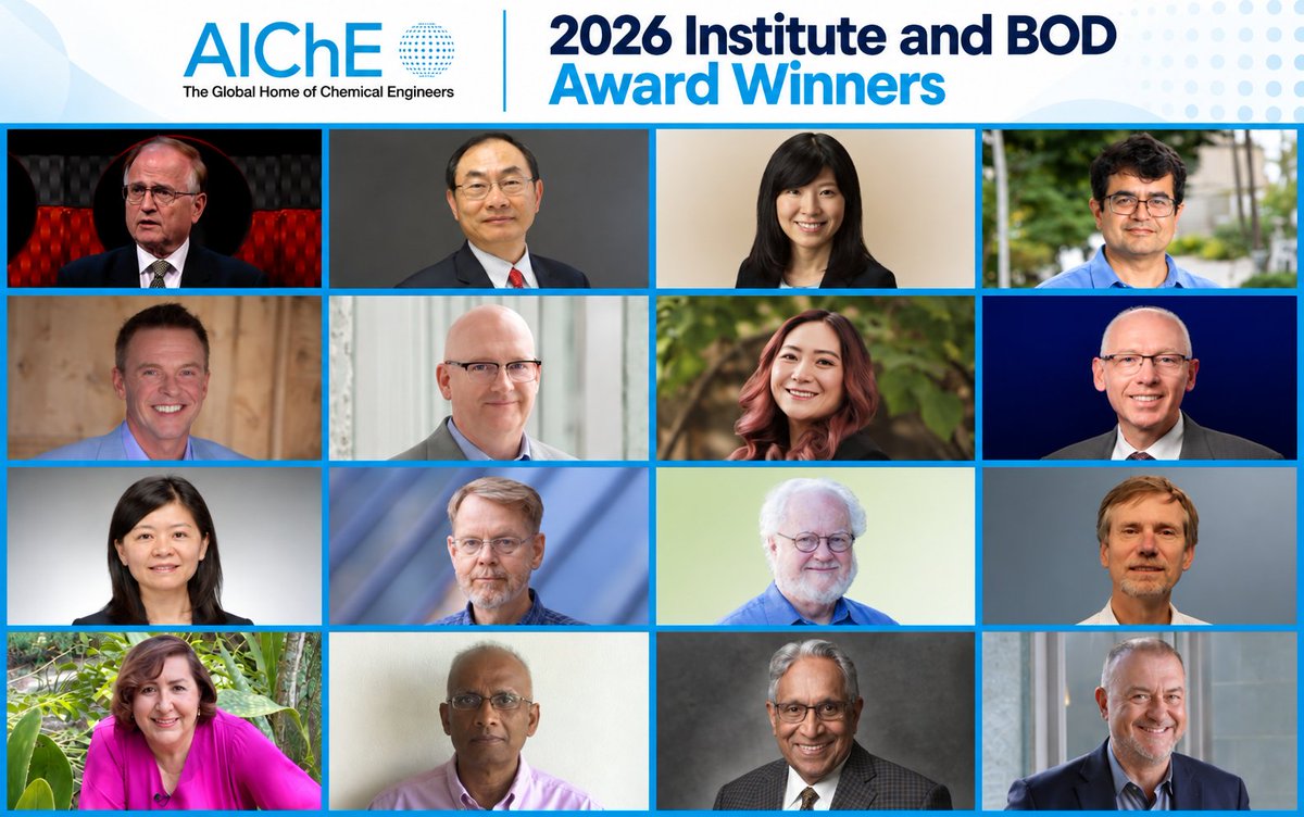 ChEnected's tweet photo. Congratulations to the recipients of #AIChE’s 2026 Institute &amp; Board of Directors’ #Awards! 

We'll honor their service to #chemicalengineering and advances in research, education &amp; industrial innovation at #AIChEAnnual (Minneapolis, Nov8-12).   

More: https://t.co/qIdo4WKu2V https://t.co/IUoNOQRzgl