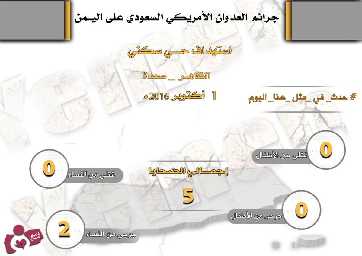 entesaf2's tweet photo. #لن_ننسى #حدث_في_مثل_هذا_اليوم #جرائم_العدوان_الأمريكي_السعودي_بحق_نساء_و_أطفال_اليمن 1/ اكتوبر /2016م
منظمة انتصاف – انفوجرافيك
استهداف حي سكني بمنطقة الظاهر محافظة #صعدة
وكانت حصيلة الضحايا (5) بينهم
الجرحى امرأتين
#أمريكا_تقتل_الشعب_اليمني
#منظمة_انتصاف
#Entesaf_Org https://t.co/q6LBWCVEKh