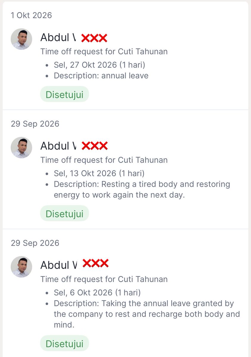 tetehsunny's tweet photo. Meanwhile Mas Abdul (OB di kantor) kutanya “Mas Abdul kok tumben pake bahasa Inggris itu nulis alesan cutinya?” Dijawab “iya biar kaya Mba Aziz kemaren itu loh, keren kan Mba?” 

Keren Mas, langsung saya acc 😭😭😭 https://t.co/9iFjp7J1gN