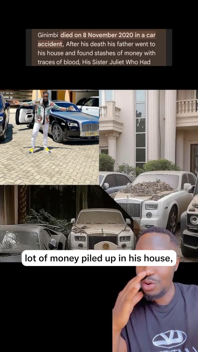 A social media post claiming Ginimbi died on 8 November 2020 in a car accident, showing him posing by a Rolls Royce and other luxury cars covered in leaves, with text reading 'lot of money piled up in his house'.