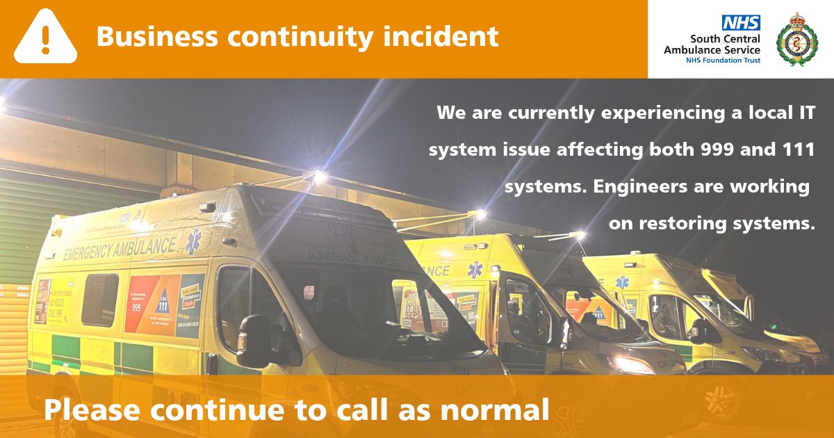 SCAS999's tweet photo. We are currently experiencing a local IT system issue affecting both 999 and 111 systems. Engineers are working on restoring systems and other national services are supporting us with calls being rerouted through other services. Please continue to call as normal. https://t.co/e80KPNwvWR