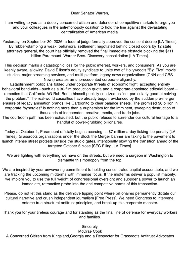 mccraecook's tweet photo. A powerful engine doesn't saddle a studio with $80B in debt and cause immediate bond market collapses. The daily ticking fee is running, street protests start next Monday, and my letter will be hitting @SenWarren 's desk this weekend. ✊ 
#BlockTheMerger #SaveWarnerBros https://t.co/n476nZ0GZ4