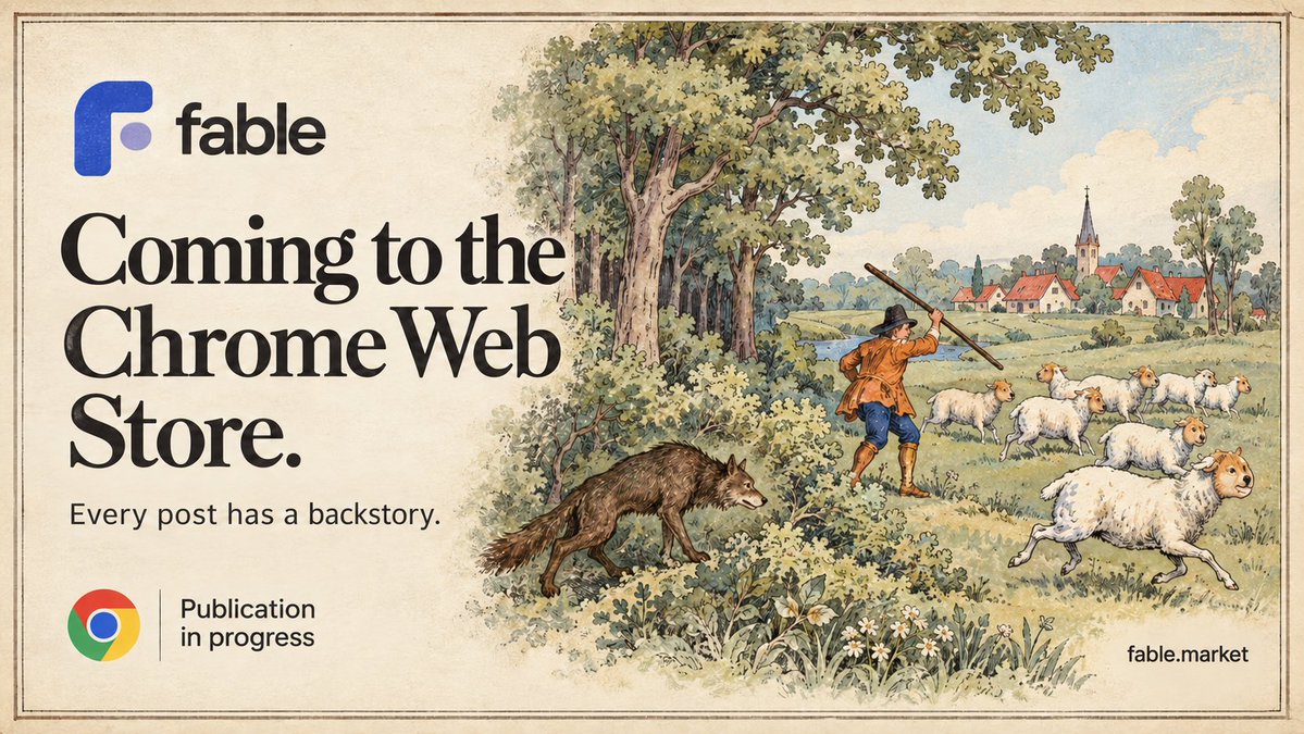 FableDotMarket's tweet photo. Fable is in the process of being published on the Chrome Web Store.

We’ll share the official listing as soon as it’s live. https://t.co/4jY7mF1n9F