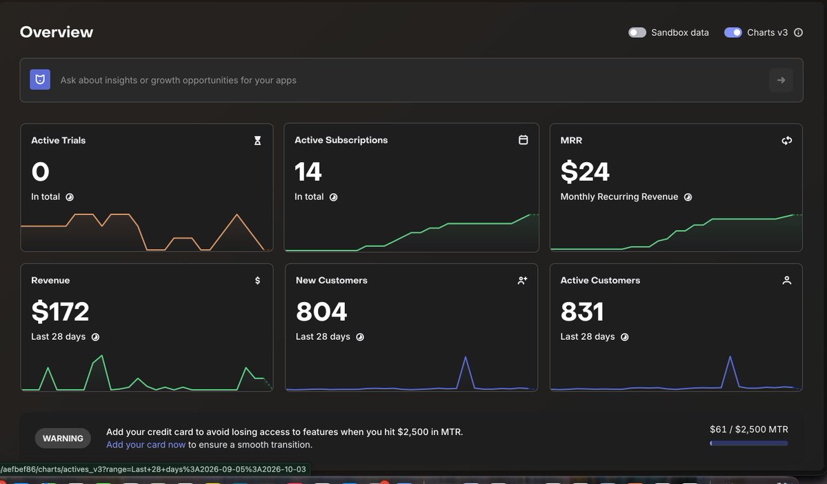 RJiOSDEV's tweet photo. Got offer on I just received a $1,500 offer for @trust_mrr, which includes both the iOS and Mac versions. I’ve attached my RevenueCat dashboard below—do you think this is a fair deal, or should I hold out for more? for $1500. This is for iOS and Mac App. What do you think if offer is good. Sharing my revenue cat dashboard.